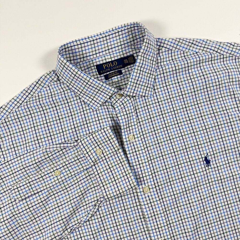 Polo Ralph Lauren XXL Classic Fit Performance Plaid Shirt Blue Green Stretch